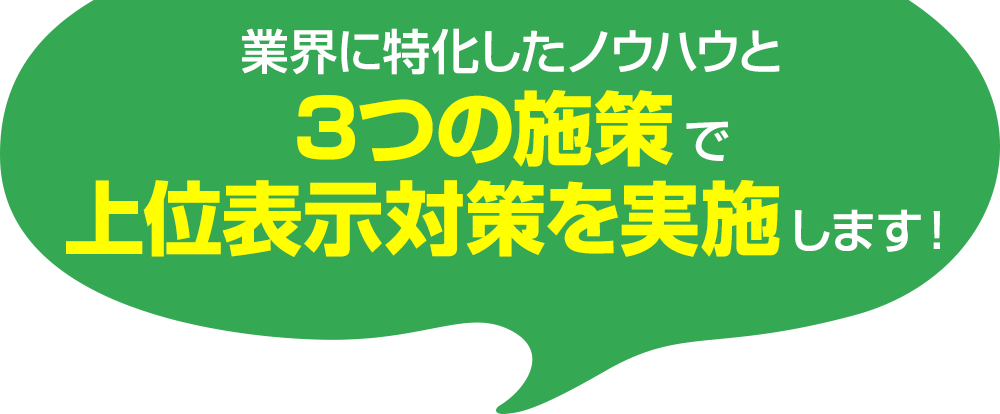 業界に特化したノウハウと3つの施策で上位表⽰対策を実施します！